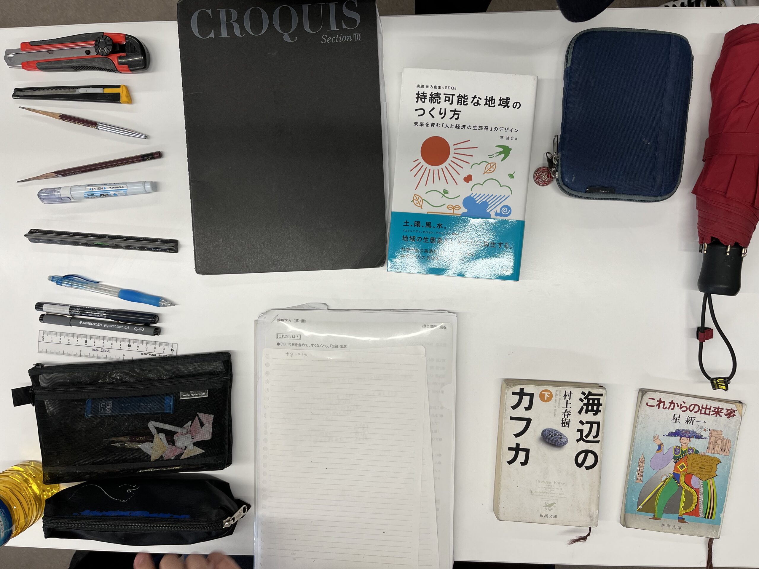この生徒のバッグの中身は、クロッキー帳、傘、文庫本、修正液、鉛筆、カッター、定規、筆箱など。