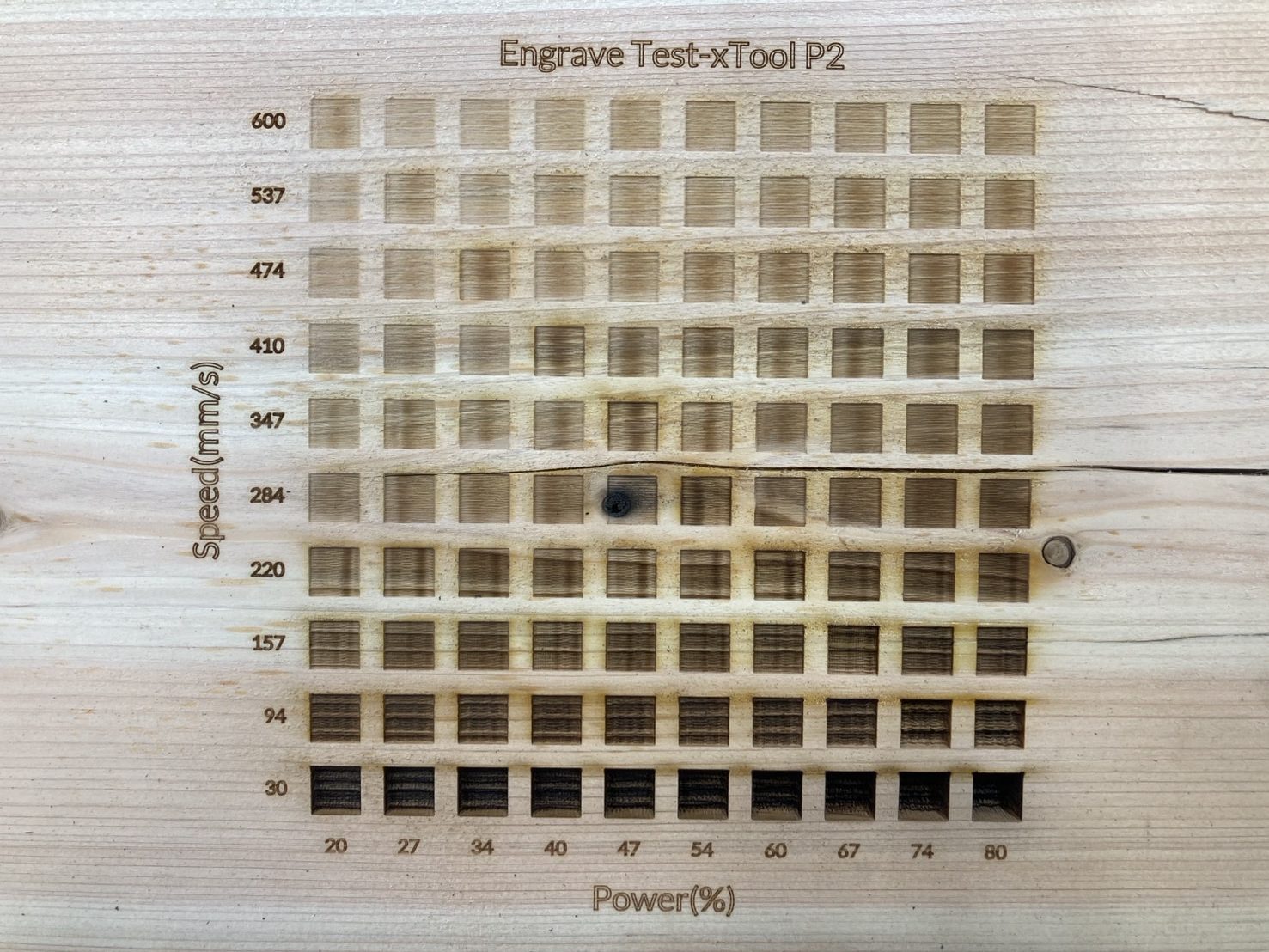 xTool P2S パラメータ表（ヒノキ）