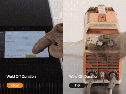 左側はMetalFabを使った場合、機械の起動から溶接完了までに約14秒、右側は従来の溶接機を使った場合は約2分ほどかかることを示している
