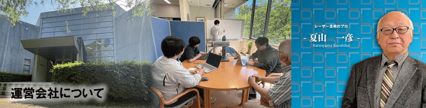 左に会社の外観、中央に会議する社員、右に社長の画像