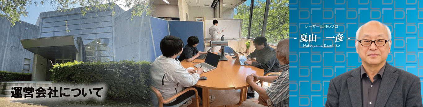 左に会社の外観、中央に会議する社員、右に社長の画像